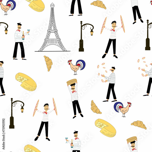 Seamless pattern. Set of A French waiters serving wine. French national cuisine. Illustration can be used for different design, for prints, for packaging. France. vector illustration. Nice picture.