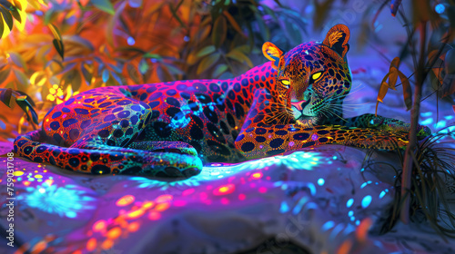 pantera adornata con disegni patchwork psichedelici all'interno di uno splendido e colorato caotico patchwork psichedelico al neon. photo