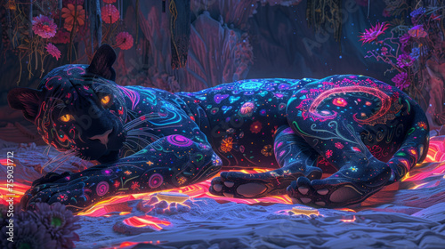 pantera adornata con disegni patchwork psichedelici all'interno di uno splendido e colorato caotico patchwork psichedelico al neon. photo