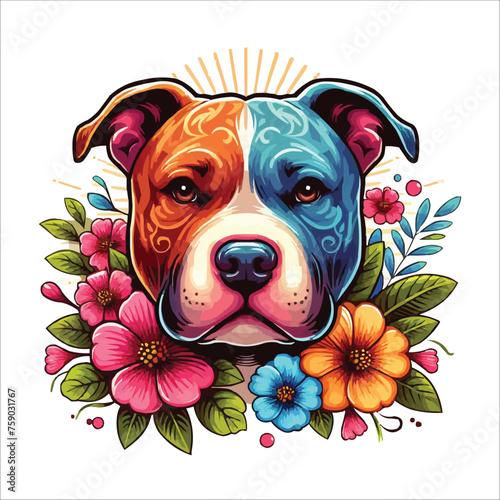 cute colorful pitbull head with Flowers on the side photo