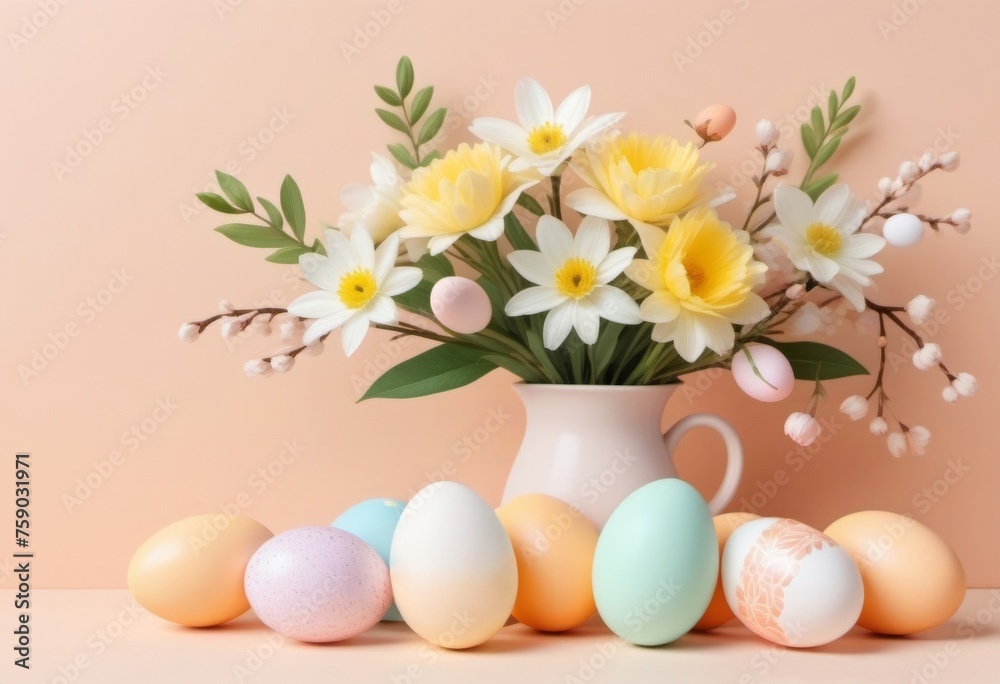 easter still life with pastel color painted eggs and bouquet of springtime flowers on peach fuzz background easter still life with pastel color painted eggs and bouquet of springtime flowers on peach fuzz background