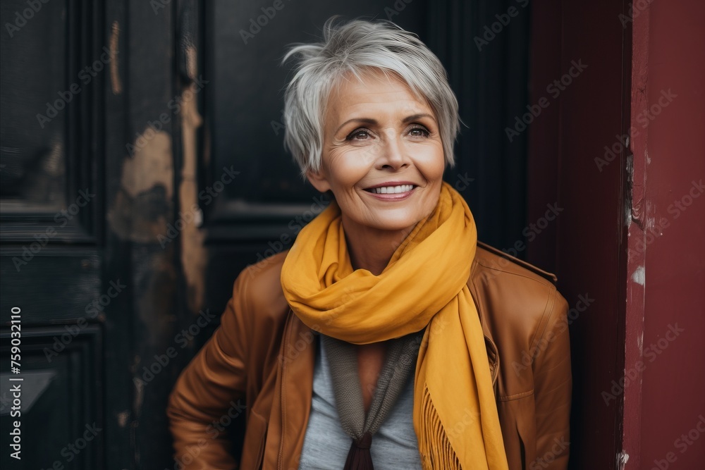 smiling senior woman in yellow scarf and jacket standing near red door smiling senior woman in yellow scarf and jacket standing near red door