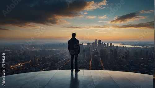 A man stands on a rooftop, overlooking a cityscape at sunset. The skyline is silhouetted against the orange and blue hues of the setting sun