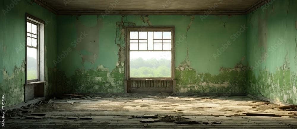 Dilapidated green vacant room.