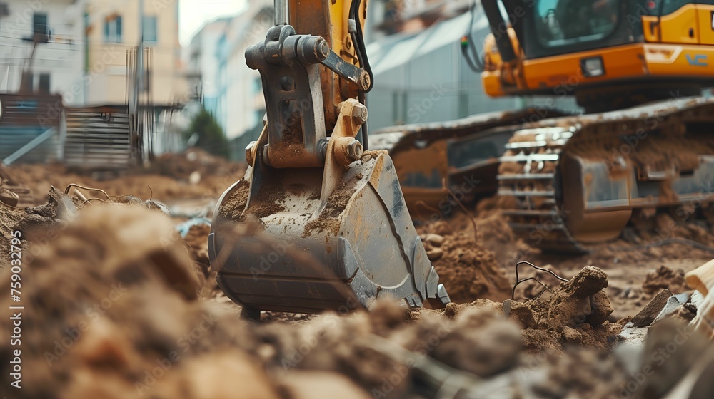 Close-up bucket of backhoe digging the soil at construction site, crawler excavator digging on demolition site