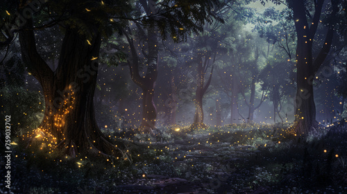 A magical twilight forest illuminated by countless fireflies creating a serene and enchanting atmosphere © Daniel