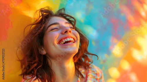 Laughing young woman on a colorful background with copy space