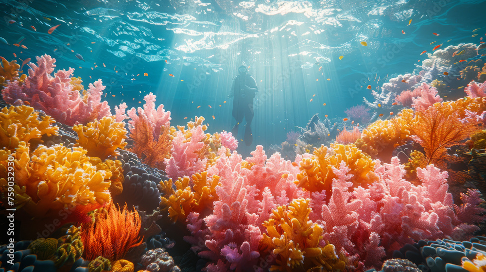 Underwater scene with a diver's silhouette against sunbeams piercing through water amongst vivid colored coral reef