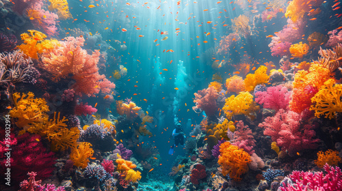 A stunning display of a coral reef bustling with fish and marine life, illuminated by natural sunlight