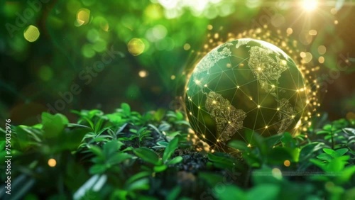 digital planet earth globe in lush forest with trees and plants, green energy, ecology and environmental concept Generative AI  photo