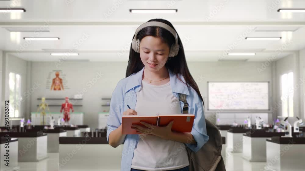 Asian Teen Girl Student With A Backpack Wearing Headphones And Taking Note On Notebook While Standing In Science Laboratory Asian Teen Girl Student With A Backpack Wearing Headphones And Taking Note On Notebook While Standing In Science Laboratory