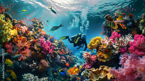 Scuba diver explores the depths among an explosion of multi-colored coral formations