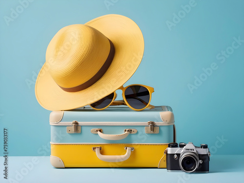 Yellow suitcase with sunglasses, hat and camera on pastel blue background.  travel concept.  minimal style
