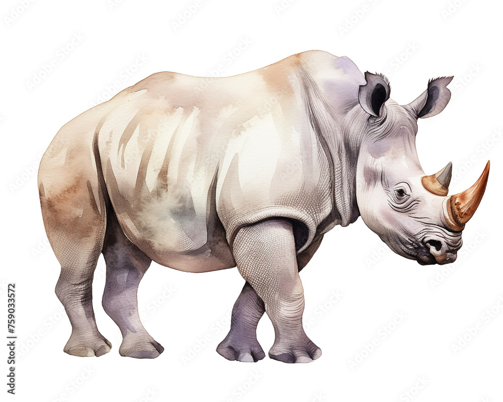 Fototapeta premium Rhinoceros single object watercolor illustration isolated on white background for removing backgroundIsolate