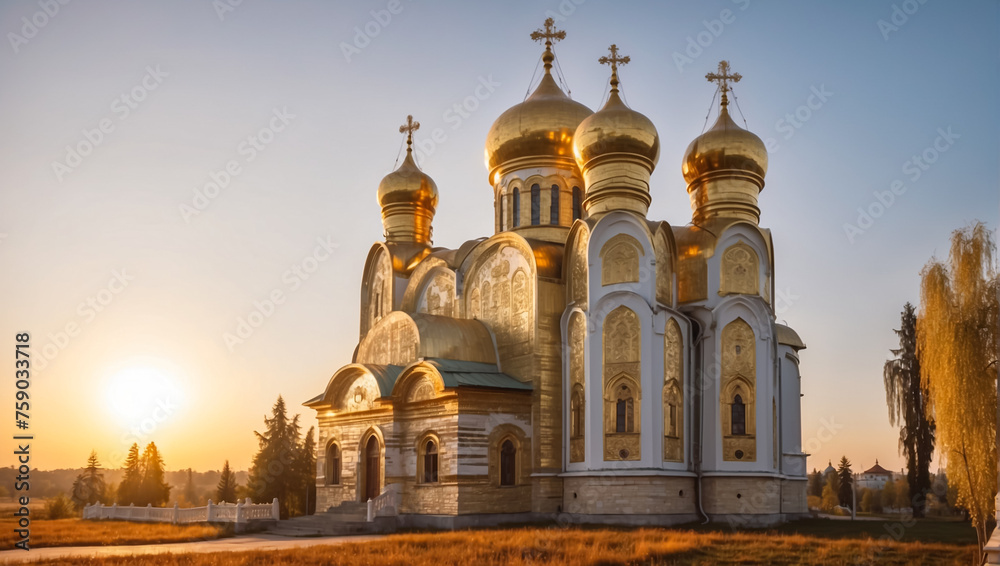 Christian Orthodox Church with golden domes. Golden hour light. The temple complex. Free space for text Christian Orthodox Church with golden domes. Golden hour light. The temple complex. Free space for text