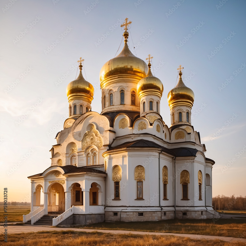 Christian Orthodox Church with golden domes. Golden hour light. Square