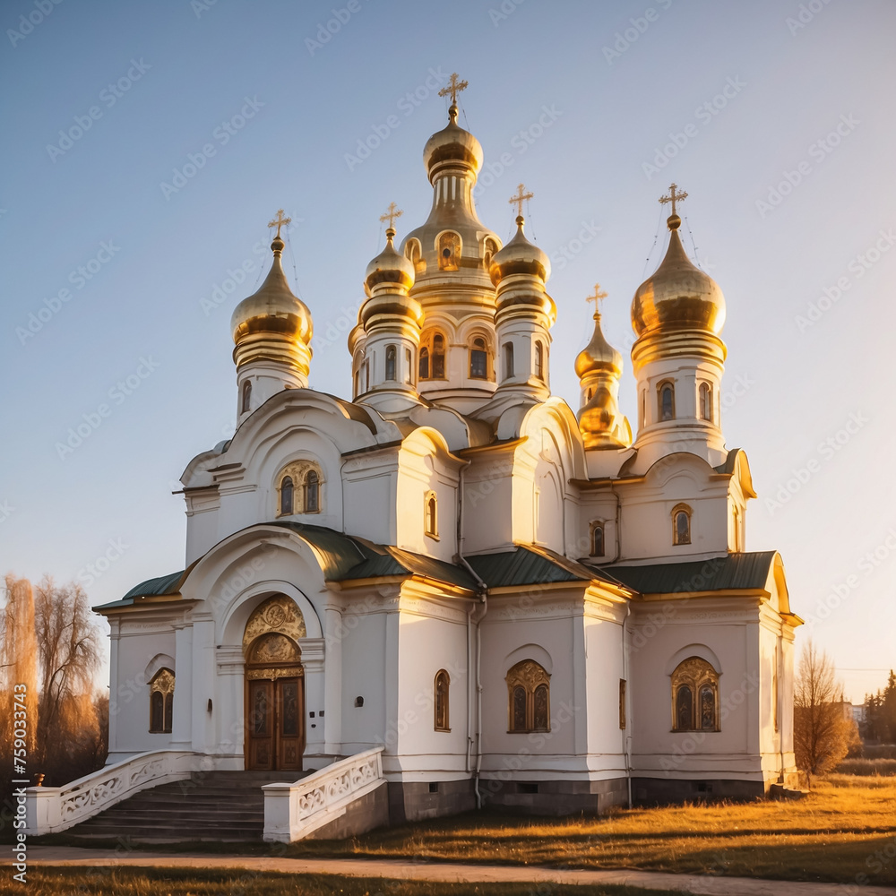 Christian Orthodox Church with golden domes. Golden hour light. Square. The ancient Orthodox Church