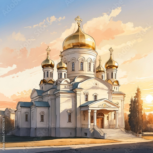 Christian Orthodox Church with golden domes. Golden hour light. Orthodox temple