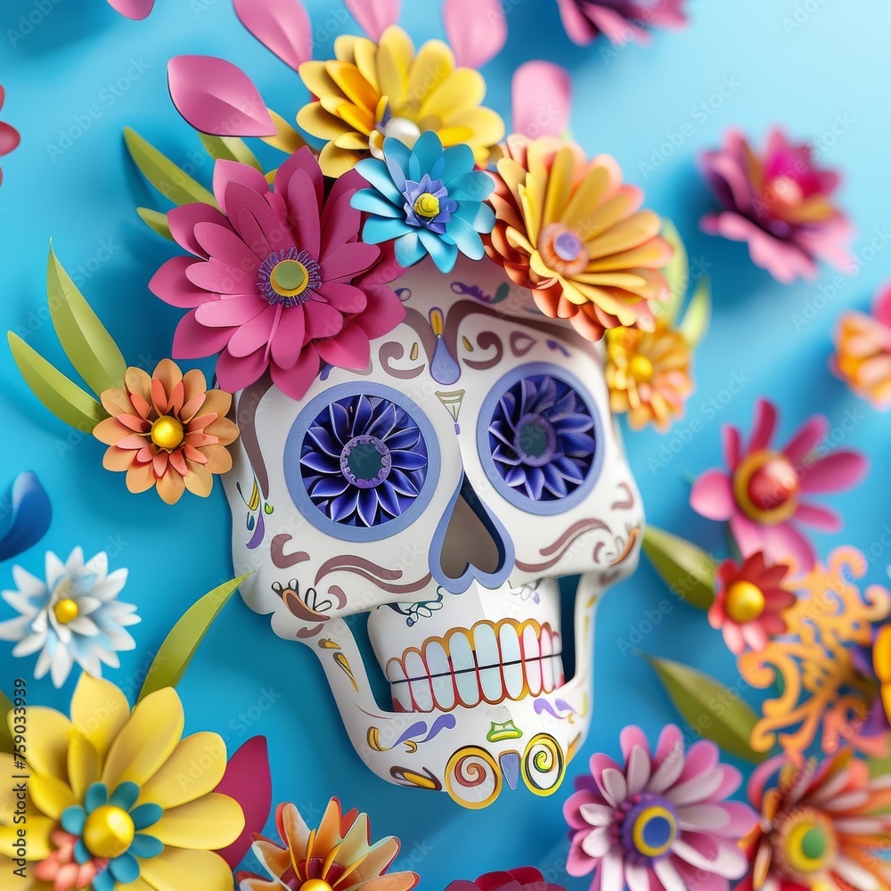 3D art piece featuring delicate flower petal textures and vibrant colors inspired by Day of the Dead traditions