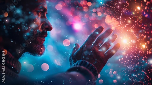 Close-up of a man enraptured by a mesmerizing display of cosmic lights and particles  symbolizing connection with the universe.