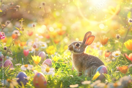 A playful scene with a rainbow hued rabbit and a kaleidoscope of Easter eggs in a sunlit blooming field © Virtual Art Studio