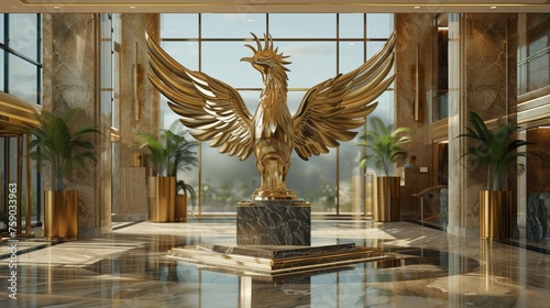 A 3D render of a phoenix as a majestic statue in a corporate lobby, symbolizing the transformational power of business recovery photo