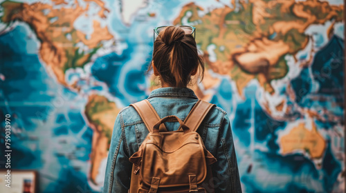 A woman with a backpack is looking at a map of the world. She is a traveler, possibly preparing for a trip. The backpack is placed on her back, and she is standing in front of the map, which is large