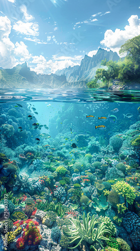A beautiful underwater scene with a variety of colorful fish swimming around. The water is clear and blue, and the fish are scattered throughout the scene