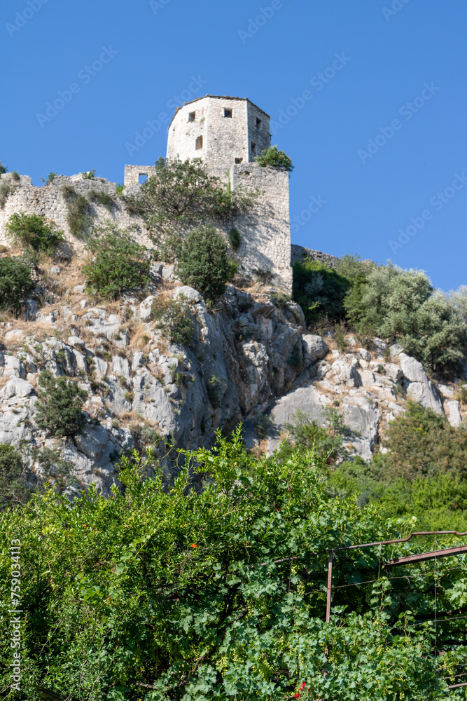 Medieval fortified town Pocitelj in Capljina municipality near Mostar in Herzegovina region, Bosnia and Herzegovina. Šišman Ibrahim Pasha Mosque, Džebhana, Clocktower (Sahat-kula)