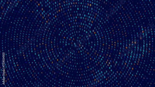 Blue Abstract Matrix Vortex Technology Background. Binary Computer Code Dynamic Spiral. Programming  Coding  Hacker Concept. Binary Numbers Moving in Spiral. Vector Illustration. Sci-fi Background.