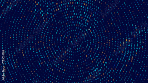 Blue Abstract Matrix Vortex Technology Background. Binary Computer Code Dynamic Spiral. Programming, Coding, Hacker Concept. Binary Numbers Moving in Spiral. Vector Illustration. Sci-fi Background.