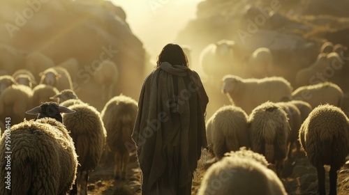 Jesus surrounded by sheep all looking towards him with reverence photo