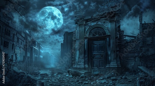 In a deserted city survival gear scattered a barricaded door stands against zombies under a moonlit night