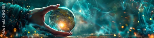 Mystical scene of a fortune tellers hand above a glowing globe revealing foreseen events in a magical atmosphere photo