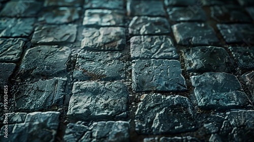 Close-up texture of wet cobblestones glistening on an urban street after a rain shower, reflecting subtle light.