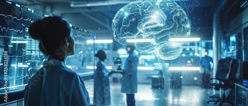 Sci fi scene of brain computer interfaces in a futuristic lab humans connecting with AI in a seamless network photo
