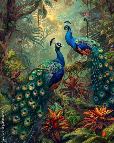 Peacocks display their jewel toned trails in a lush garden the iridescence catching the suns rays a spectacle of color