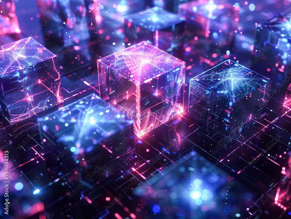 A computer generated image of a cityscape with many cubes. The cubes are lit up in a variety of colors, creating a vibrant and dynamic scene. Concept of technology and innovation