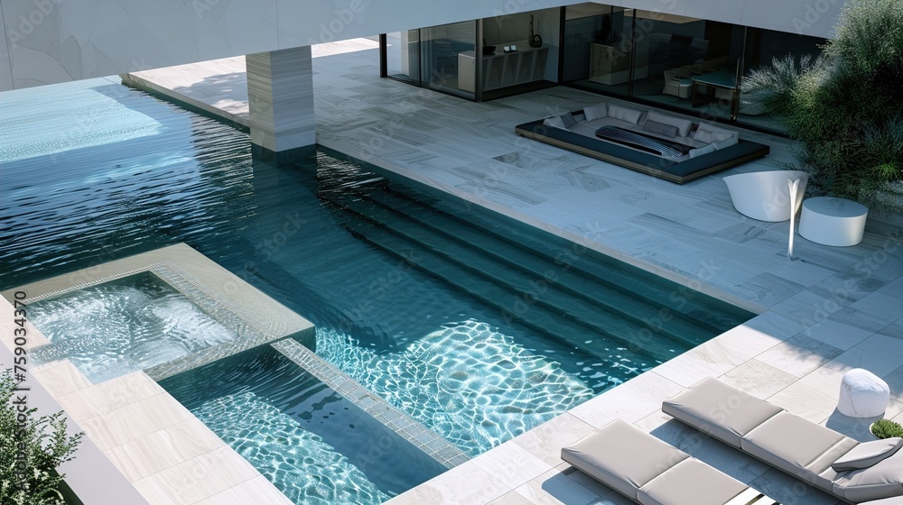 Obraz premium A modern geometric pool with clean lines and a minimalist design, featuring a striking water feature and underwater seating areas. 