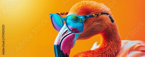 A stylish flamingo wearing colorful eyeglasses photo