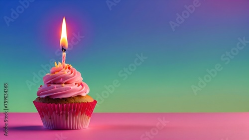 Happy birthday cup cake  candle neon background behind 