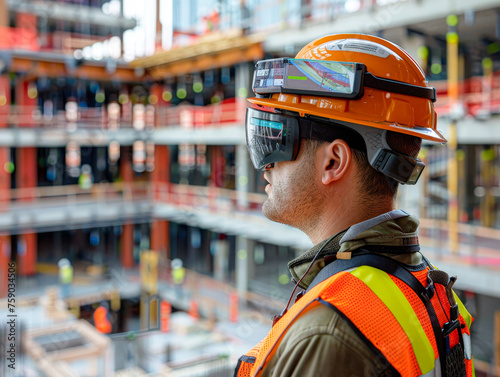 A man in a construction site wearing a safety vest and a hard hat. He is looking at the camera