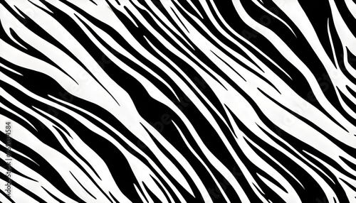 Seamless vertical zebra skin or tiger stripe pattern. Tileable black and white safari wildlife animal print background texture. Monochrome warbled abstract wavy wonky glitch lines fur coat motif photo