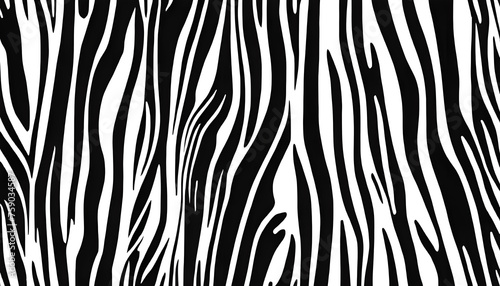 Seamless vertical zebra skin or tiger stripe pattern. Tileable black and white safari wildlife animal print background texture. Monochrome warbled abstract wavy wonky glitch lines fur coat motif