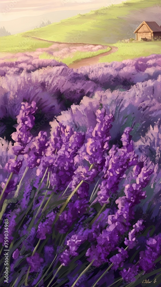 Beautiful landscape with lavender at sunset. Colorful nature with purple flower in Provence.