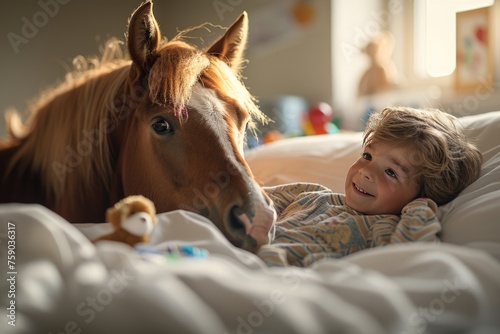 A therapy horse's visit to a children's hospital, A young patient's smile amidst toys and colorful drawings, Emotional healing in pediatric care, supportive animals, animal-assisted therapy