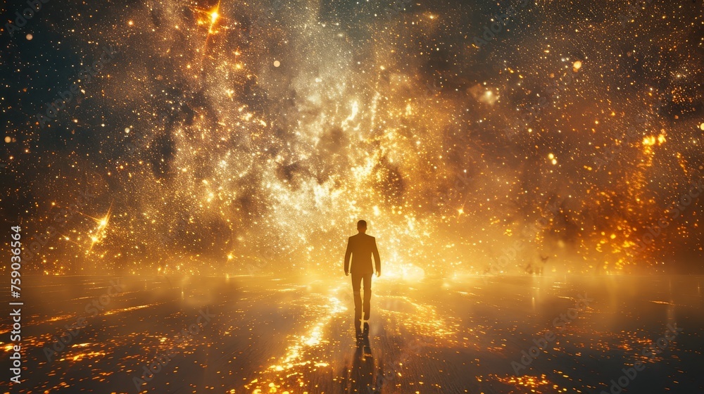 A solitary figure walks into the engulfing golden glow of a nebula, surrounded by a myriad of stars and cosmic dust. - obrazy, fototapety, plakaty 