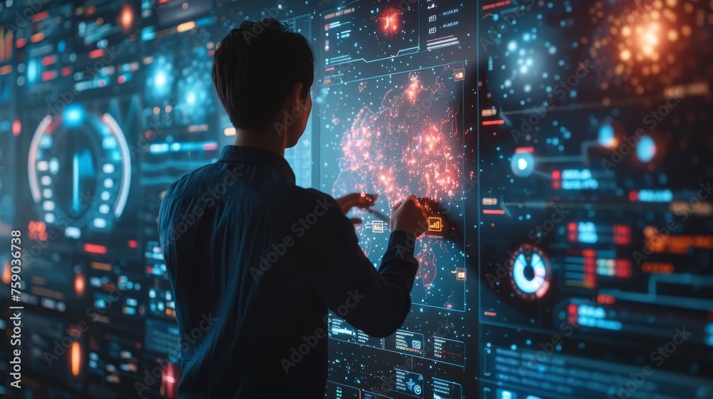 A data analyst examines complex data visualizations on multiple high-resolution screens in a modern analytical laboratory. A data analyst examines complex data visualizations on multiple high-resolution screens in a modern analytical laboratory.
