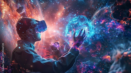 A person wearing a virtual reality headset reaches out towards a vibrant, glowing cosmic entity amidst a starry space backdrop. © Rattanathip