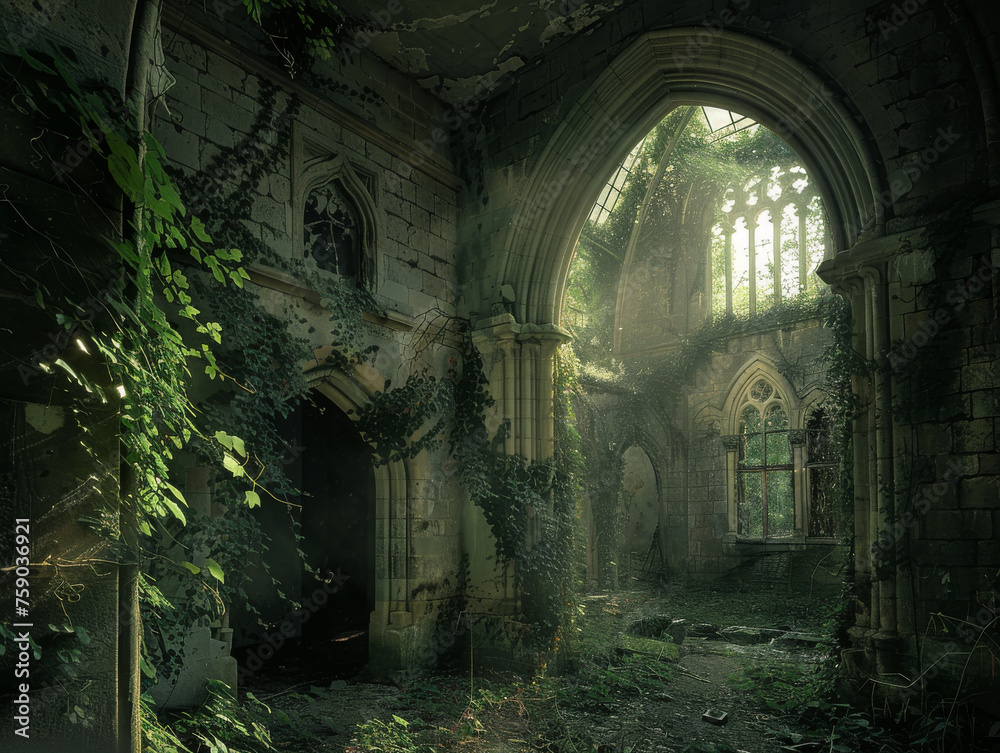 Dramatic image of an ancient church's ruins, embracing nature as sunlight filters through tall, broken gothic windows and arches